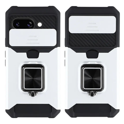 For Google Pixel 9a Kickstand Case Slide Lens Lid PC + TPU Phone Cover with Card Slot - Silver
