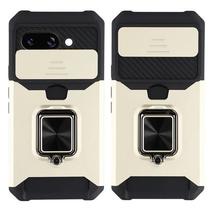 For Google Pixel 9a Kickstand Case Slide Lens Lid PC + TPU Phone Cover with Card Slot - Gold