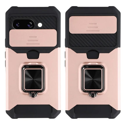 For Google Pixel 9a Kickstand Case Slide Lens Lid PC + TPU Phone Cover with Card Slot - Rose Gold