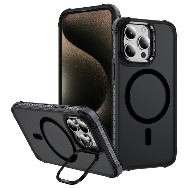 For iPhone 12 Pro Max Case with Lens Kickstand Matte Phone Back Cover Compatible with MagSafe - Black