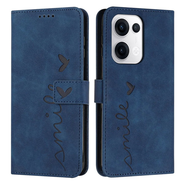 For Oppo Reno13 5G (Global) Case Viewing Stand PU Leather Phone Cover Imprinted Heart Pattern - Blue