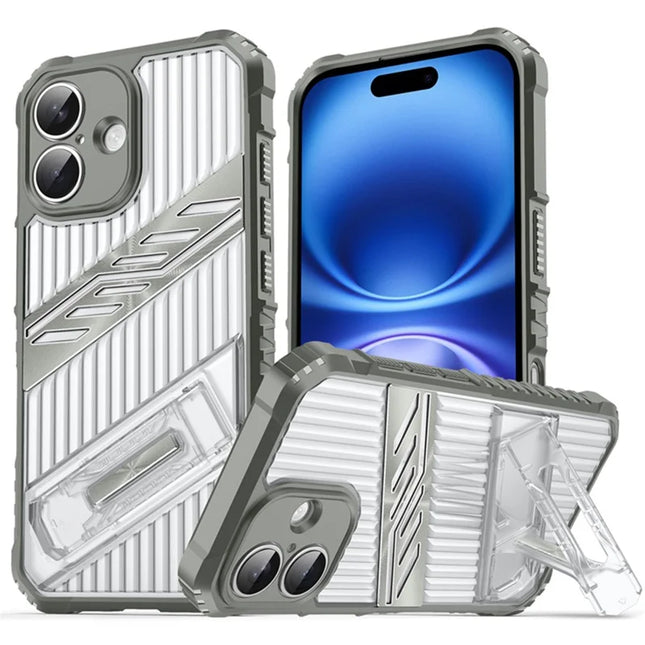 For iPhone 16 Plus Case Folding Kickstand PC + TPU Anti Drop Phone Cover - Dark Grey