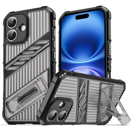 For iPhone 16 Case Folding Kickstand PC + TPU Anti Drop Phone Cover - Black  /  Grey