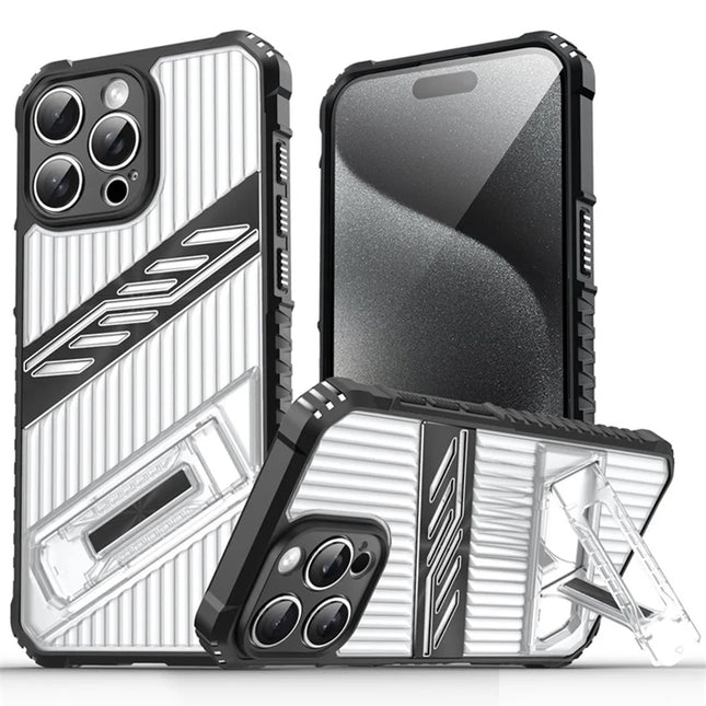 For iPhone 15 Pro Max Case Folding Kickstand PC + TPU Anti Drop Phone Cover - Transparent Black