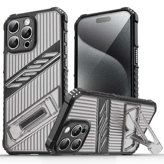 For iPhone 15 Pro Max Case Folding Kickstand PC + TPU Anti Drop Phone Cover - Black  /  Grey