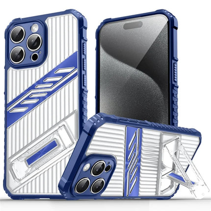 For iPhone 15 Pro Max Case Folding Kickstand PC + TPU Anti Drop Phone Cover - Navy Blue