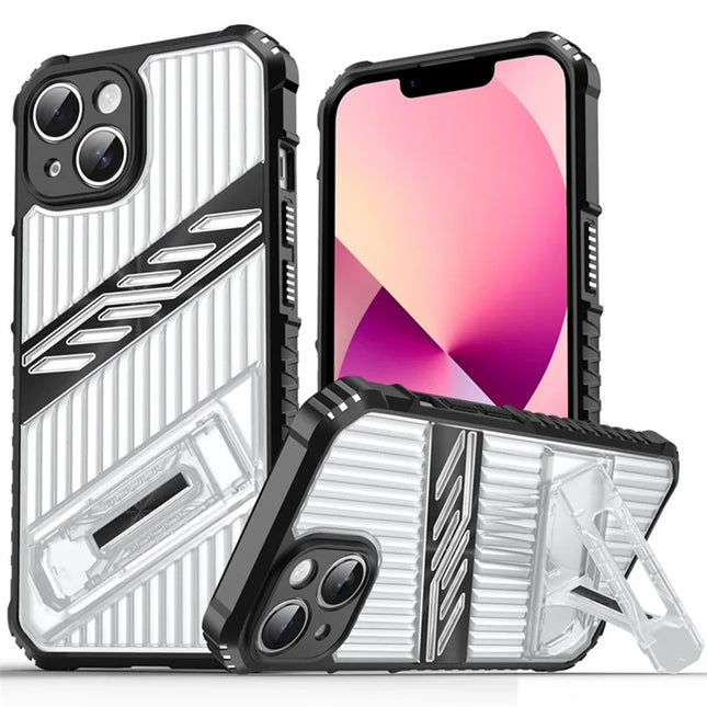 For iPhone 13 Case Folding Kickstand PC + TPU Anti Drop Phone Cover - Transparent Black