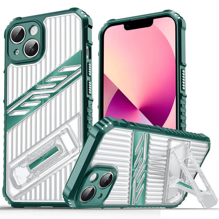 For iPhone 13 Case Folding Kickstand PC + TPU Anti Drop Phone Cover - Dark Green