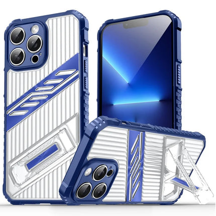 For iPhone 13 Pro Max Case Folding Kickstand PC + TPU Anti Drop Phone Cover - Navy Blue