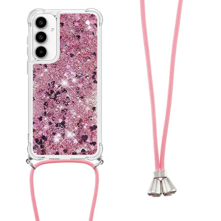 For Samsung Galaxy A56 5G TPU Case Quicksand Design Phone Cover with Lanyard - Rose Gold / Hearts
