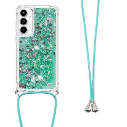 For Samsung Galaxy A56 5G TPU Case Quicksand Design Phone Cover with Lanyard - Green / Hearts