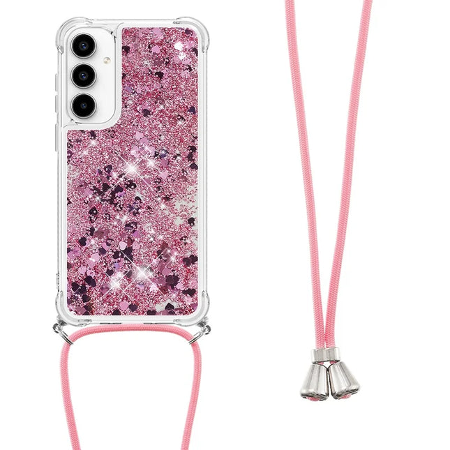 For Samsung Galaxy A36 5G TPU Case Quicksand Design Phone Cover with Lanyard - Rose Gold / Hearts