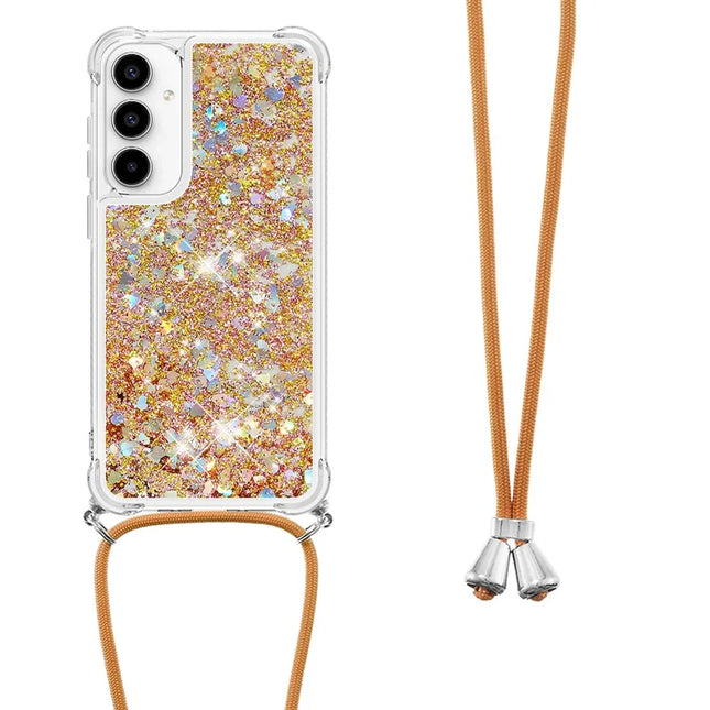 For Samsung Galaxy A36 5G TPU Case Quicksand Design Phone Cover with Lanyard - Gold / Hearts