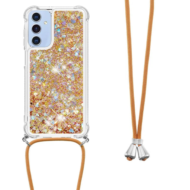 For Samsung Galaxy A26 5G TPU Case Quicksand Design Phone Cover with Lanyard - Gold / Hearts