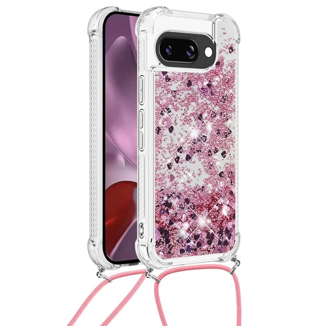 For Google Pixel 9a TPU Case Quicksand Design Phone Cover with Lanyard - Rose Gold / Hearts