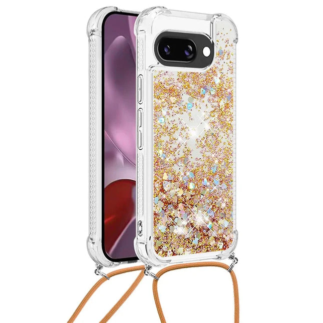 For Google Pixel 9a TPU Case Quicksand Design Phone Cover with Lanyard - Gold / Hearts