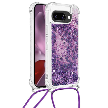 For Google Pixel 9a TPU Case Quicksand Design Phone Cover with Lanyard - Dark Purple / Hearts