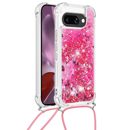For Google Pixel 9a TPU Case Quicksand Design Phone Cover with Lanyard - Pink / Hearts
