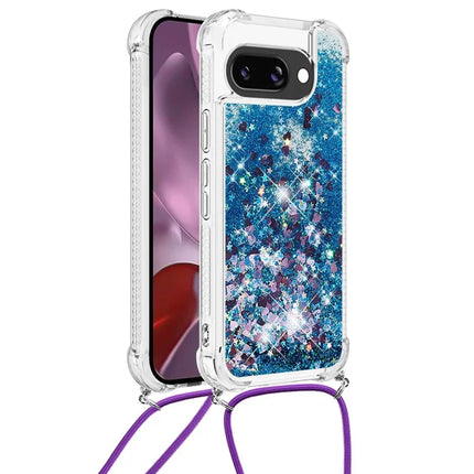 For Google Pixel 9a TPU Case Quicksand Design Phone Cover with Lanyard - Blue / Hearts
