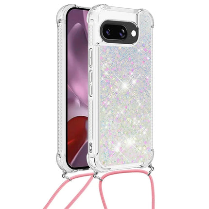 For Google Pixel 9a TPU Case Quicksand Design Phone Cover with Lanyard - Laser / Hearts