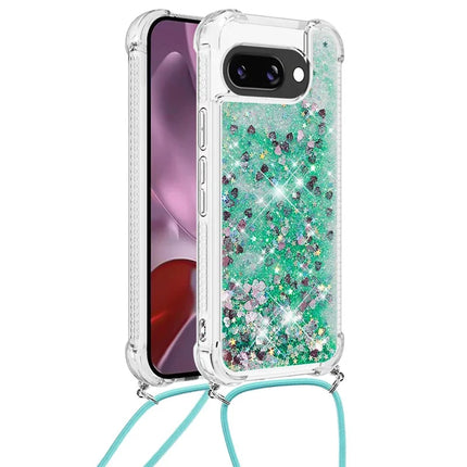 For Google Pixel 9a TPU Case Quicksand Design Phone Cover with Lanyard - Green / Hearts