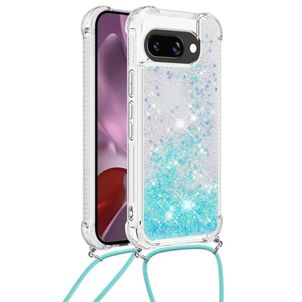 For Google Pixel 9a TPU Case Quicksand Design Phone Cover with Lanyard - Blue / Pentagram