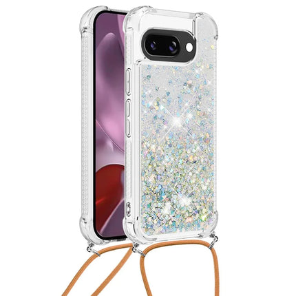 For Google Pixel 9a TPU Case Quicksand Design Phone Cover with Lanyard - Silver / Hearts