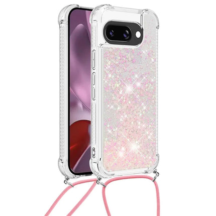 For Google Pixel 9a TPU Case Quicksand Design Phone Cover with Lanyard - Pink / Pentagram