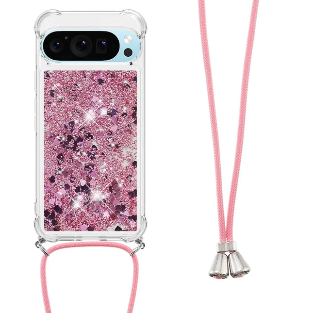 For Google Pixel 9 TPU Case Quicksand Design Phone Cover with Lanyard - Rose Gold / Hearts