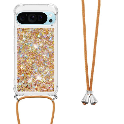 For Google Pixel 9 TPU Case Quicksand Design Phone Cover with Lanyard - Gold / Hearts