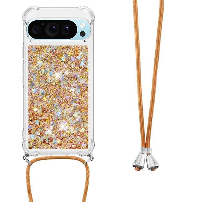 For Google Pixel 9 TPU Case Quicksand Design Phone Cover with Lanyard - Gold / Hearts