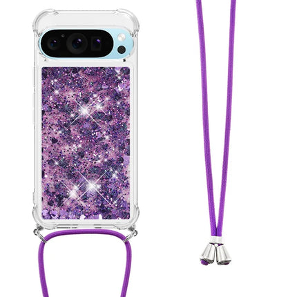 For Google Pixel 9 TPU Case Quicksand Design Phone Cover with Lanyard - Dark Purple / Hearts