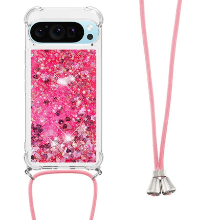 For Google Pixel 9 TPU Case Quicksand Design Phone Cover with Lanyard - Pink / Hearts