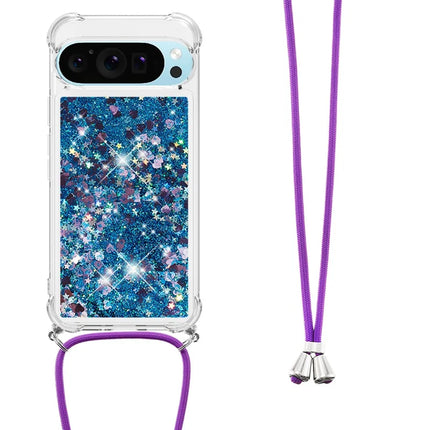 For Google Pixel 9 TPU Case Quicksand Design Phone Cover with Lanyard - Blue / Hearts