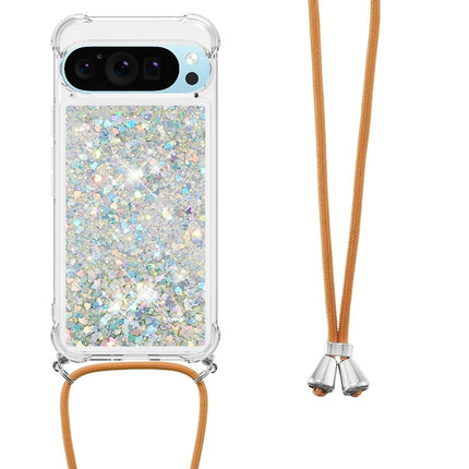 For Google Pixel 9 TPU Case Quicksand Design Phone Cover with Lanyard - Silver / Hearts