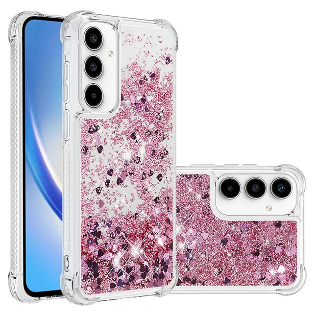 For Samsung Galaxy A56 5G TPU Case Glitter Quicksand Shockproof Phone Back Cover - Rose Gold / Hearts
