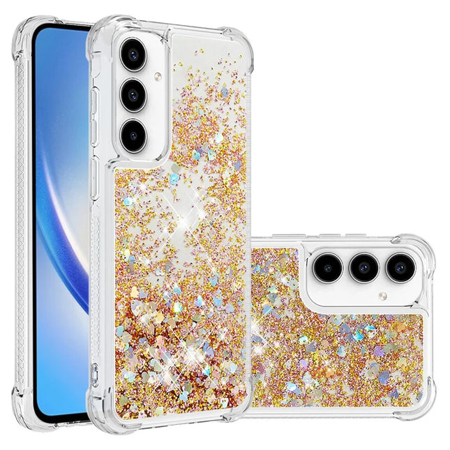 For Samsung Galaxy A56 5G TPU Case Glitter Quicksand Shockproof Phone Back Cover - Gold / Hearts