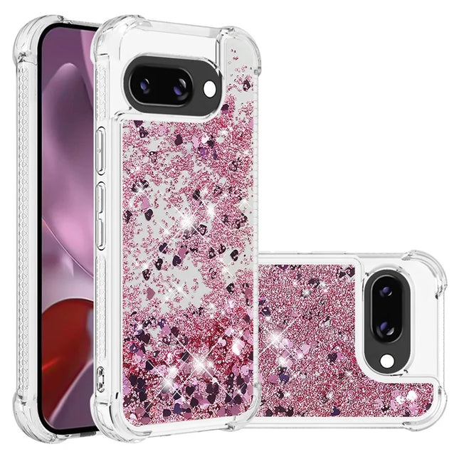 For Google Pixel 9a TPU Case Glitter Quicksand Shockproof Phone Back Cover - Rose Gold / Hearts
