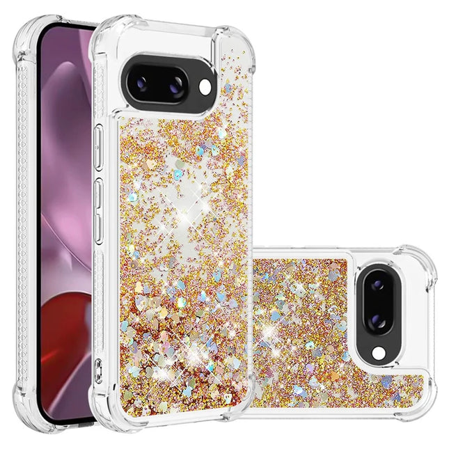 For Google Pixel 9a TPU Case Glitter Quicksand Shockproof Phone Back Cover - Gold / Hearts