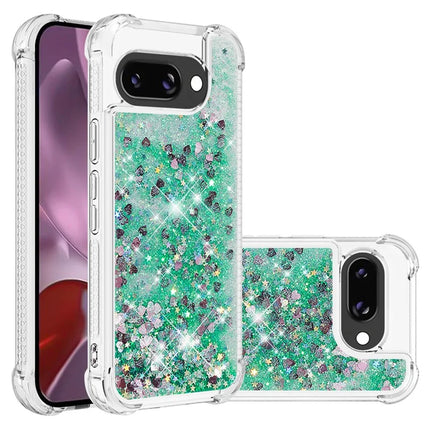 For Google Pixel 9a TPU Case Glitter Quicksand Shockproof Phone Back Cover - Green / Hearts