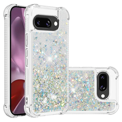 For Google Pixel 9a TPU Case Glitter Quicksand Shockproof Phone Back Cover - Silver / Hearts