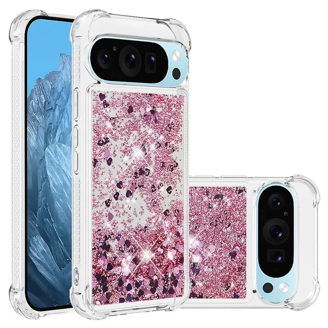 For Google Pixel 9 TPU Case Glitter Quicksand Shockproof Phone Back Cover - Rose Gold / Hearts