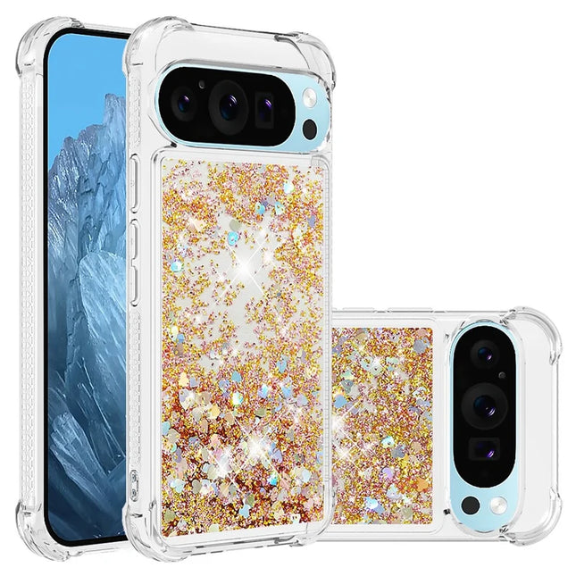 For Google Pixel 9 TPU Case Glitter Quicksand Shockproof Phone Back Cover - Gold / Hearts
