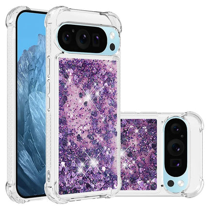 For Google Pixel 9 TPU Case Glitter Quicksand Shockproof Phone Back Cover - Dark Purple / Hearts