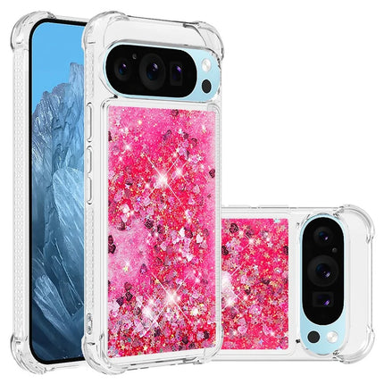 For Google Pixel 9 TPU Case Glitter Quicksand Shockproof Phone Back Cover - Pink / Hearts