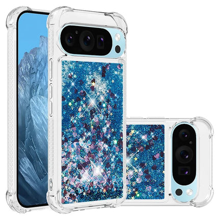 For Google Pixel 9 TPU Case Glitter Quicksand Shockproof Phone Back Cover - Blue / Hearts