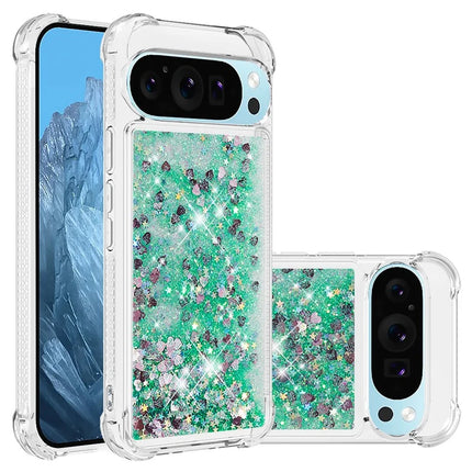 For Google Pixel 9 TPU Case Glitter Quicksand Shockproof Phone Back Cover - Green / Hearts