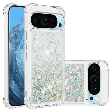 For Google Pixel 9 TPU Case Glitter Quicksand Shockproof Phone Back Cover - Silver / Hearts