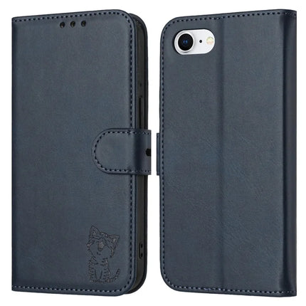 For iPhone 16e Case Happy Cat Pattern Imprinted Leather Wallet Phone Cover - Blue