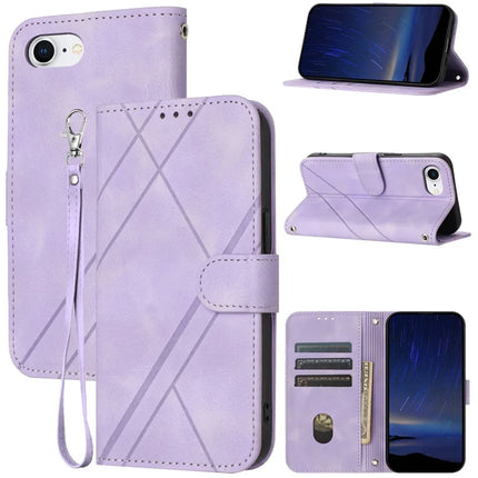 For iPhone 16e Case Imprinted Line Leather Phone Cover with Handy Strap - Purple